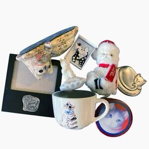Kitty Cat Bundle Lot Paperweight Mug Fancy Feast Decoupage Vintage Pin Tin Frame